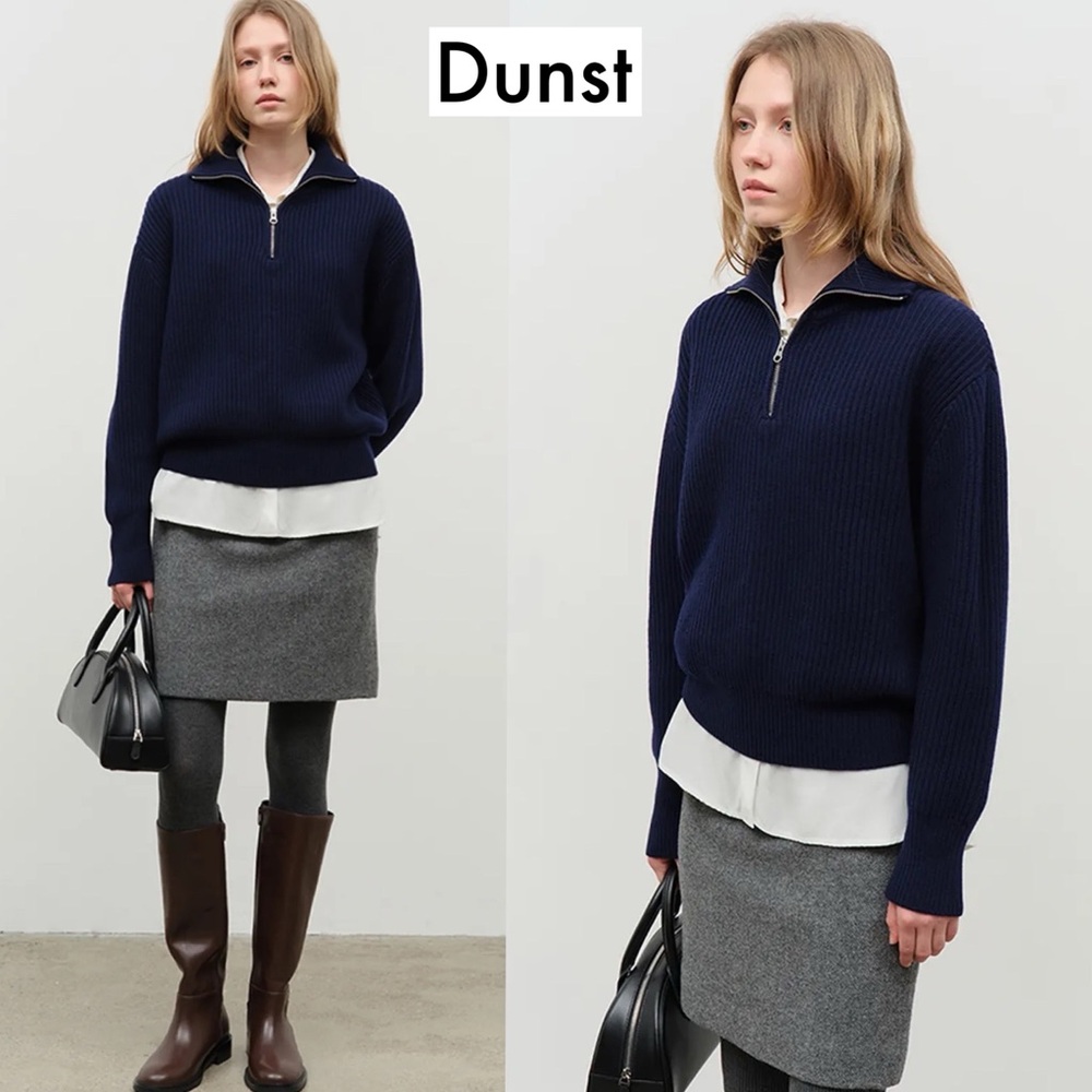 Dunst Half Zip Ribbed Wool Sweater Navy S Chunky Knit Minimalist Quiet Luxury - Picture 2 of 16